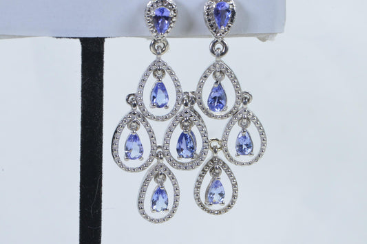 Cluster Tanzanite Dangle Earrings, Sterling Silver Flower Earrings
