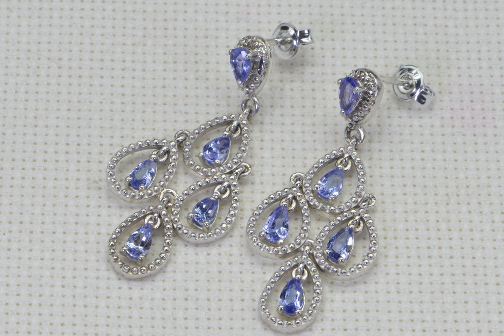 Cluster Tanzanite Dangle Earrings, Sterling Silver Flower Earrings