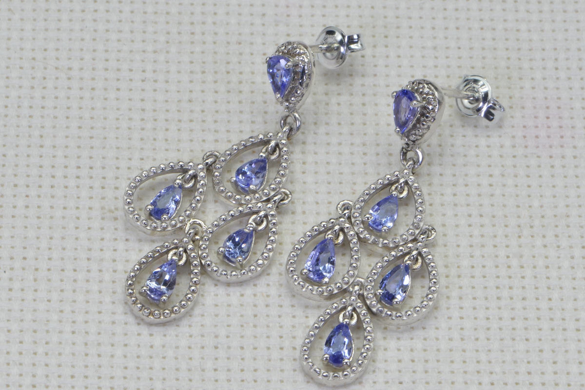 Cluster Tanzanite Dangle Earrings, Sterling Silver Flower Earrings