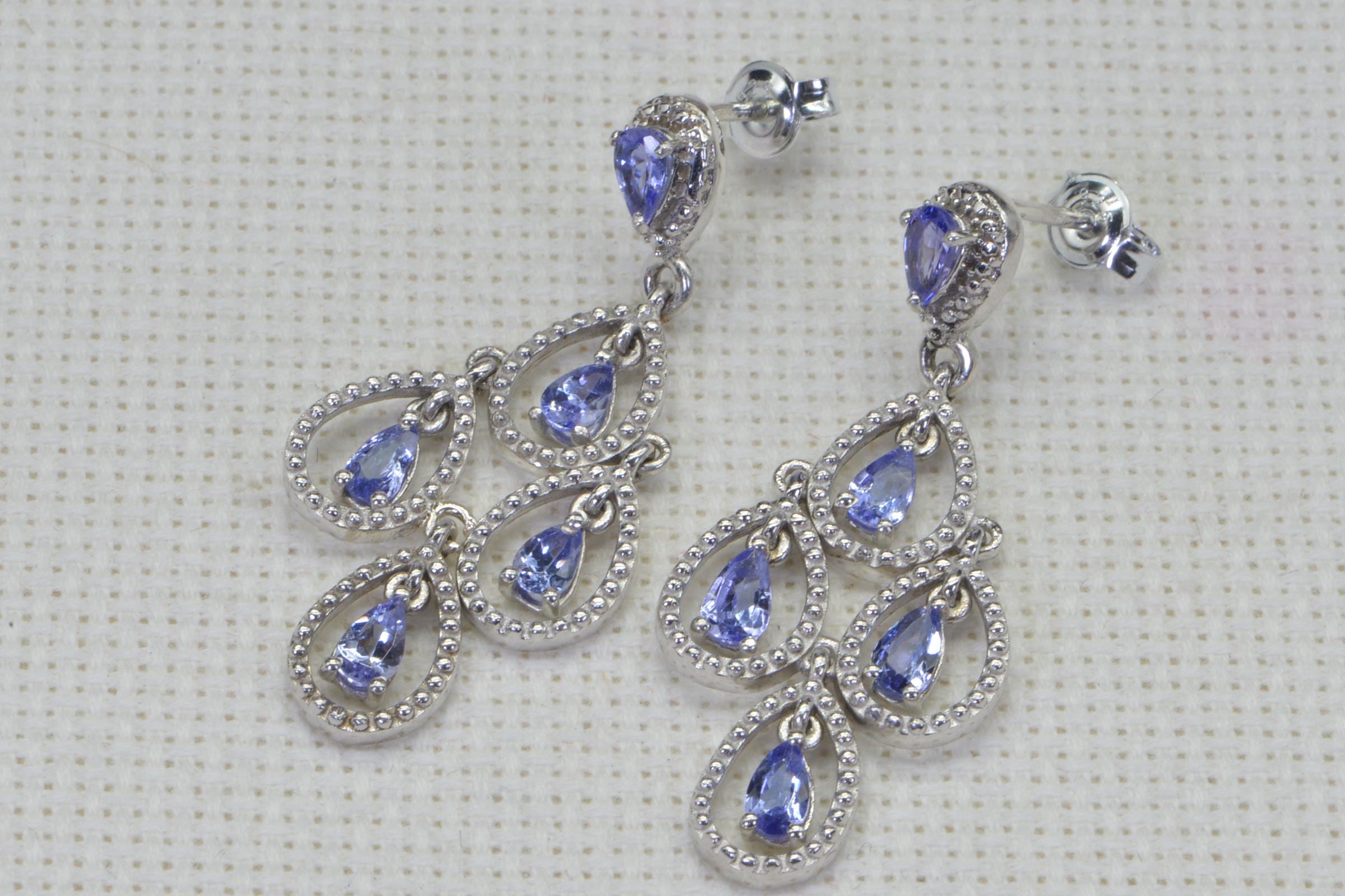 Cluster Tanzanite Dangle Earrings, Sterling Silver Flower Earrings
