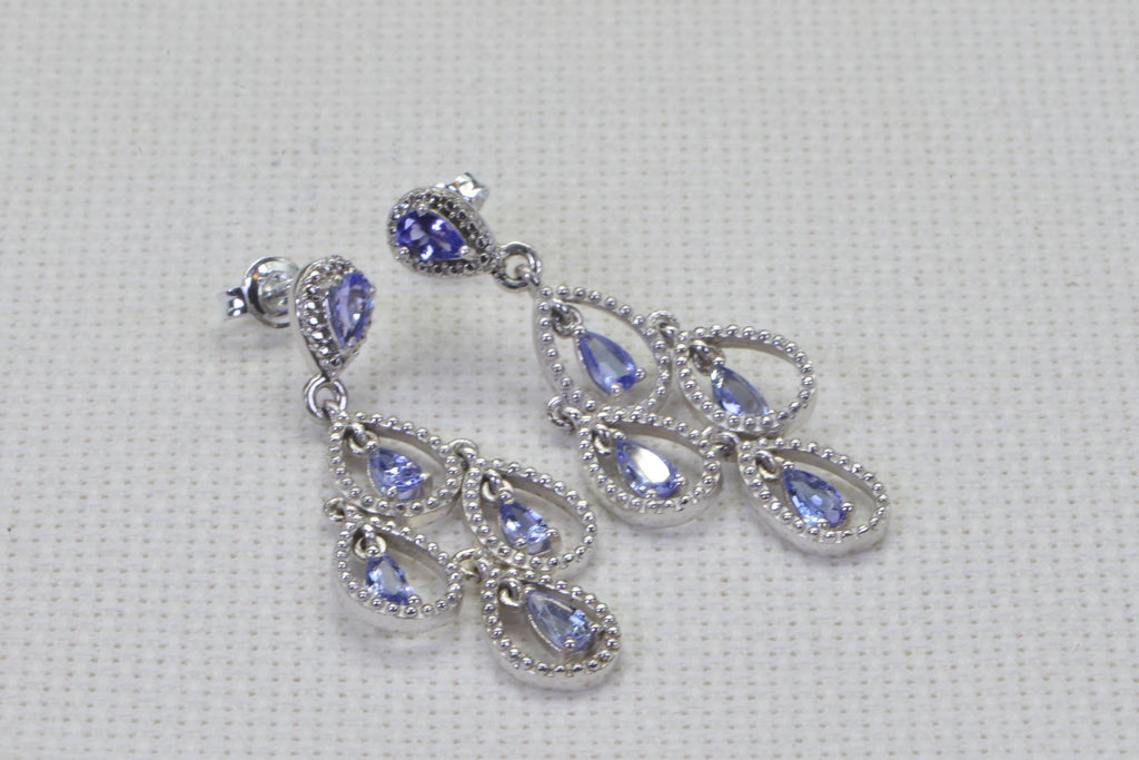 Cluster Tanzanite Dangle Earrings, Sterling Silver Flower Earrings