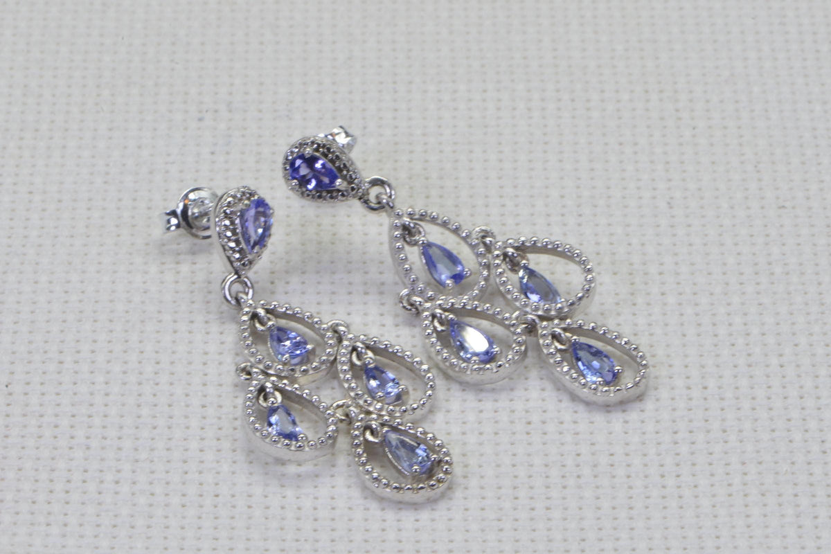 Cluster Tanzanite Dangle Earrings, Sterling Silver Flower Earrings