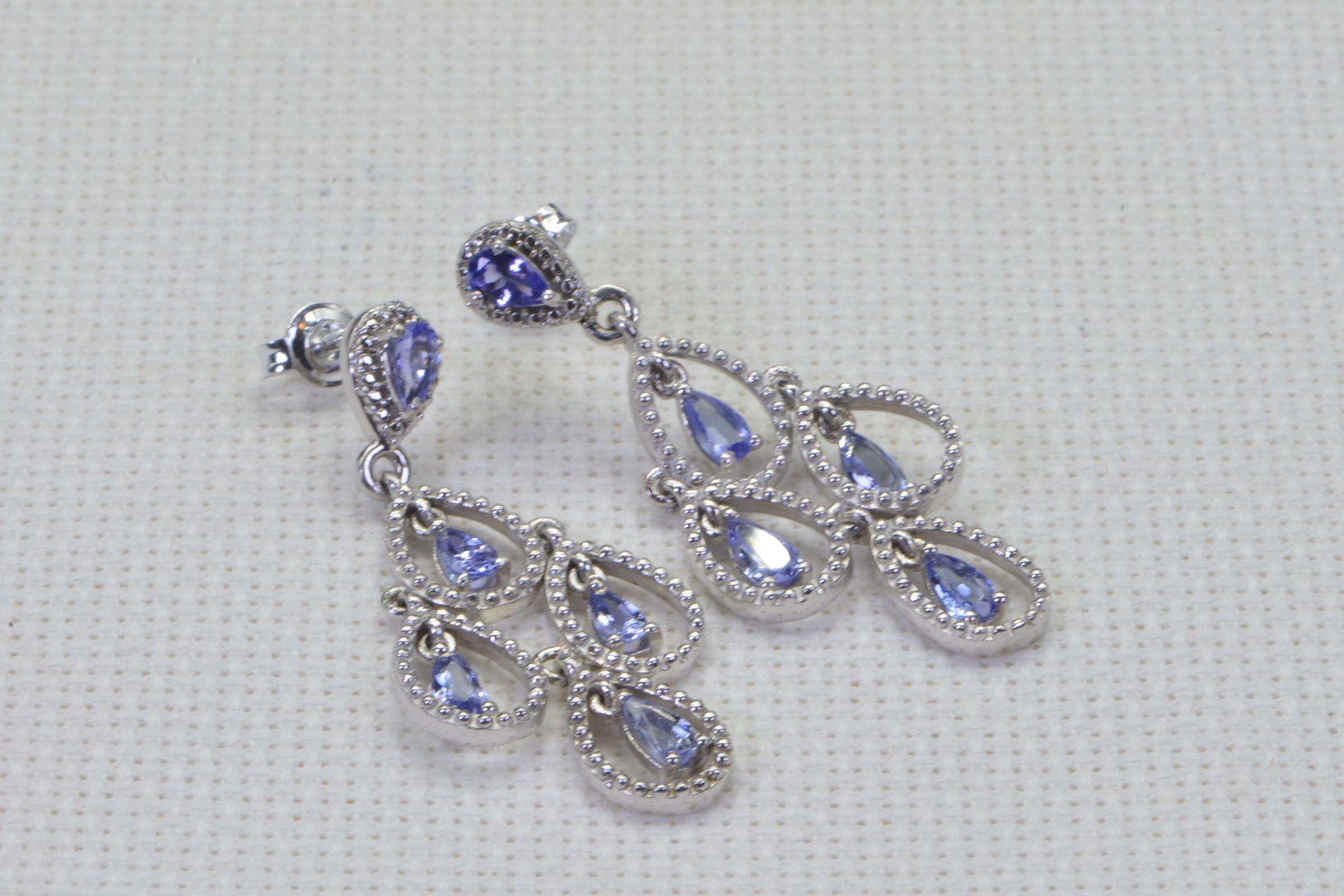 Cluster Tanzanite Dangle Earrings, Sterling Silver Flower Earrings