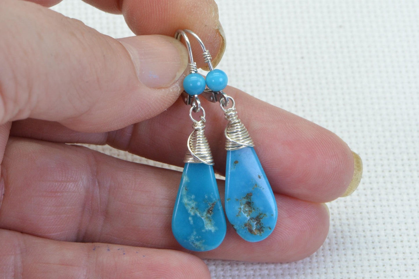 Sleeping Beauty Turquoise Sterling Silver Dangle Earrings: Wire-Wrapped