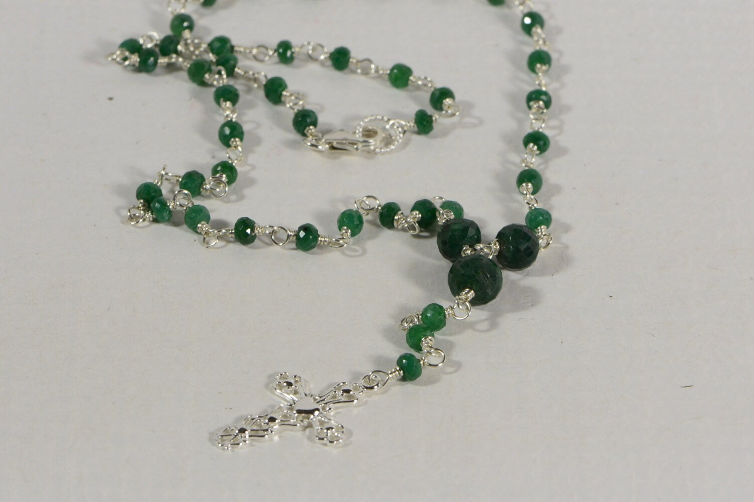 Emerald Rosary Necklace: Sterling Silver, May Birthstone