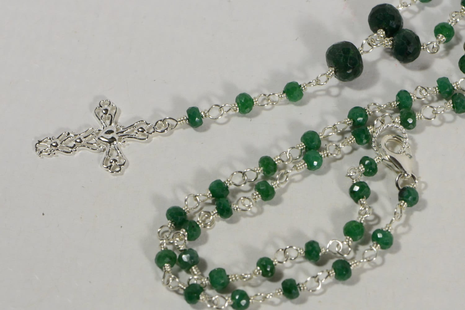 Emerald Rosary Necklace: Sterling Silver, May Birthstone