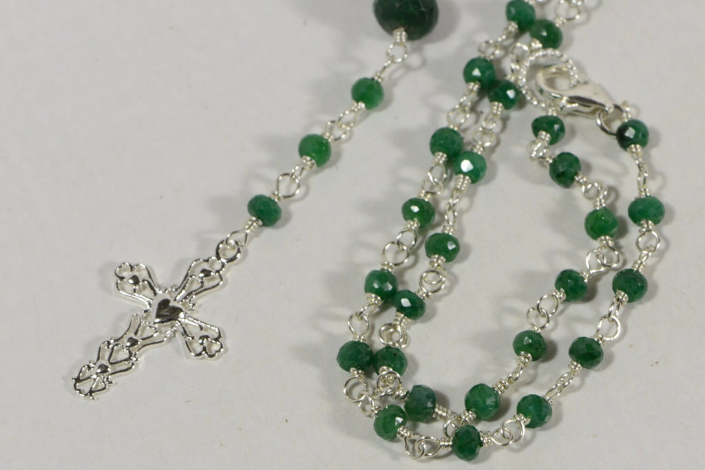 Emerald Rosary Necklace: Sterling Silver, May Birthstone