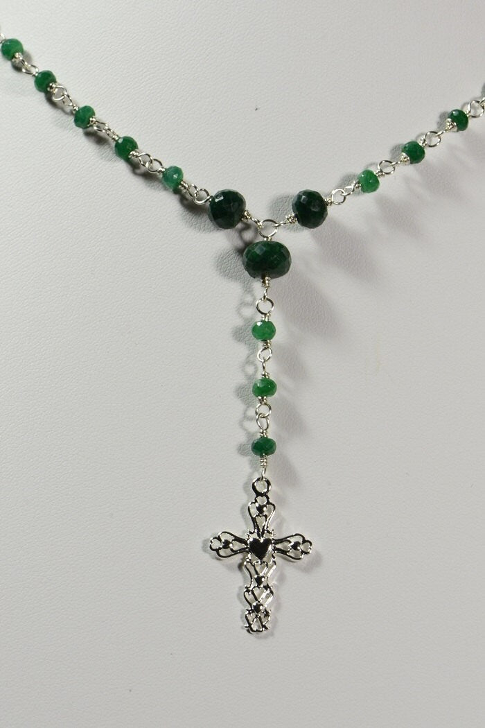 Emerald Rosary Necklace: Sterling Silver, May Birthstone
