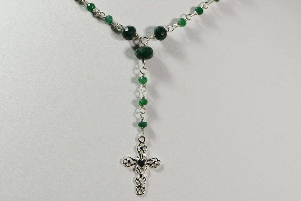 Emerald Rosary Necklace: Sterling Silver, May Birthstone