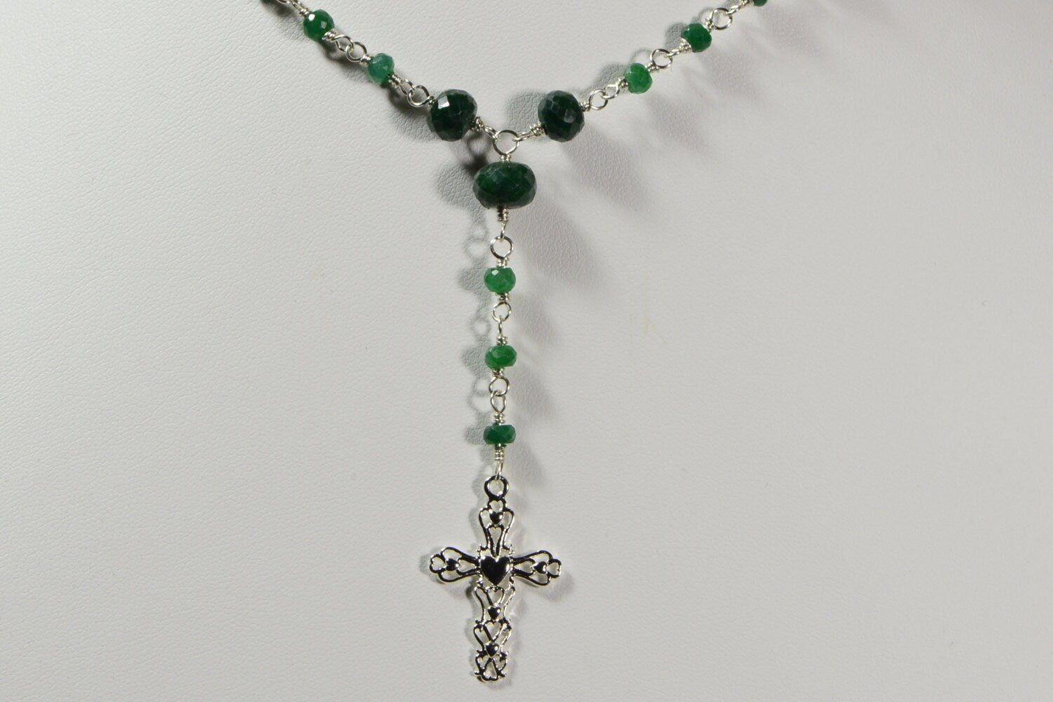 Emerald Rosary Necklace: Sterling Silver, May Birthstone