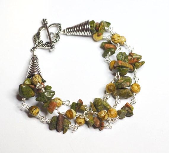Unakite Gemstone Bracelet, Multi Strand Silver Plated Wire Wrapped Jewelry