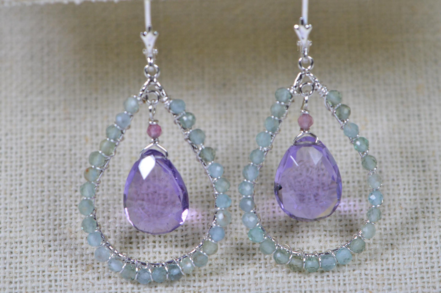 Amethyst and Green Apatite Chandelier Earrings – Sterling Silver Wire Wrapped Long Teardrops