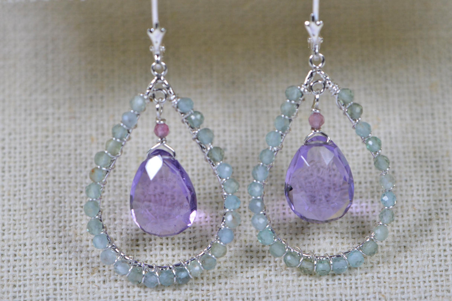 Amethyst and Green Apatite Chandelier Earrings – Sterling Silver Wire Wrapped Long Teardrops