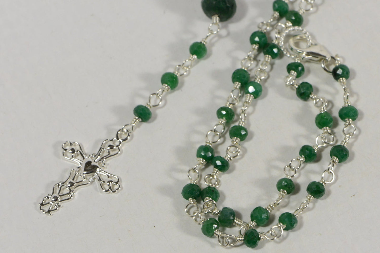 Rosary Necklace Natural Emerald Wire Wrapped With Sterling Silver Wire Birthstone Jewelry
