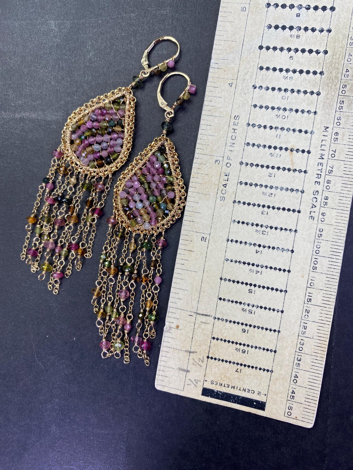Multicolor Tourmaline Fringe Earrings: 14K Gold Statement Jewelry