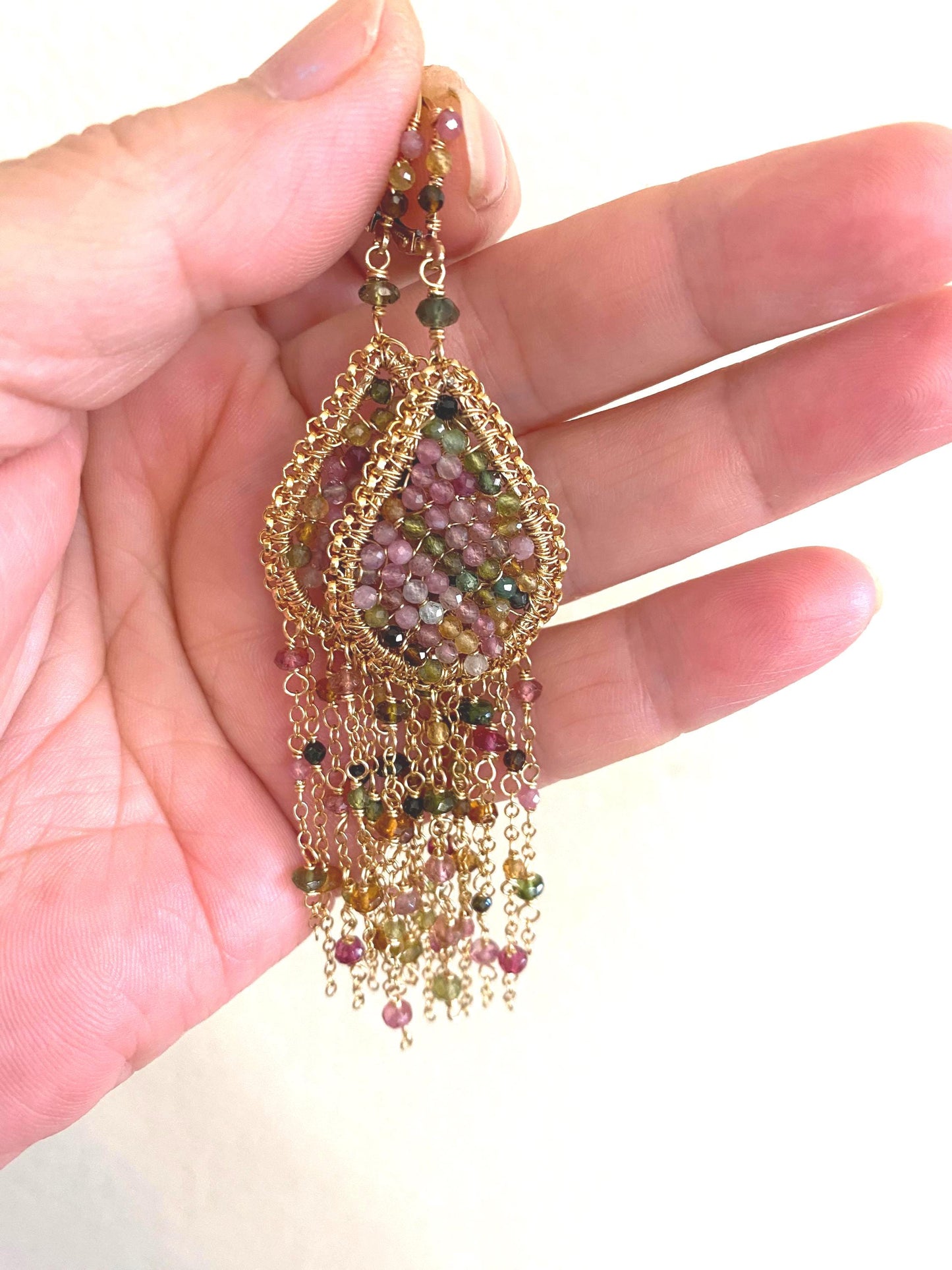 Multicolor Tourmaline Fringe Earrings: 14K Gold Statement Jewelry