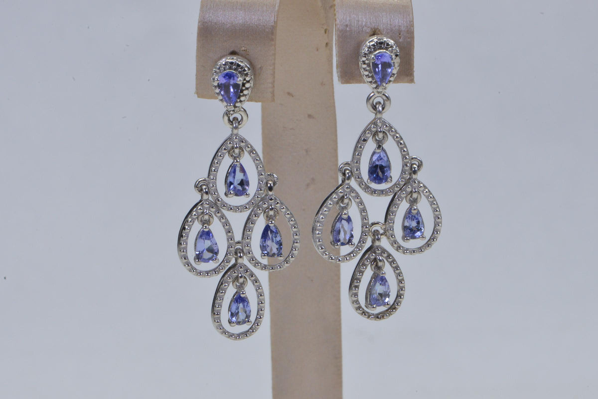 Cluster Tanzanite Dangle Earrings, Sterling Silver Flower Earrings