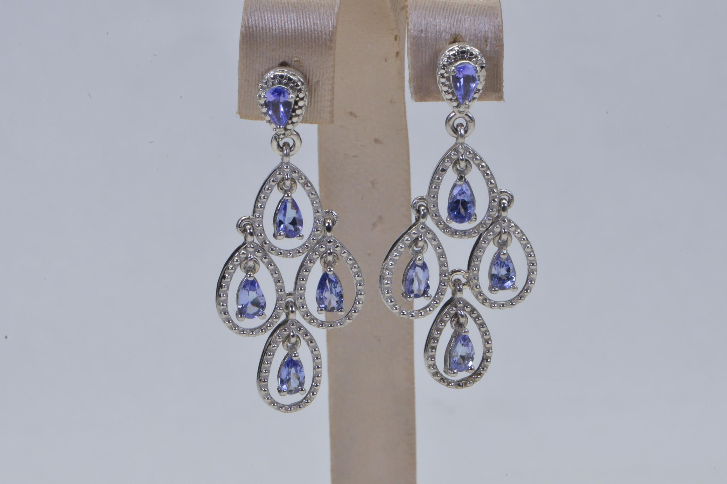 Cluster Tanzanite Dangle Earrings, Sterling Silver Flower Earrings
