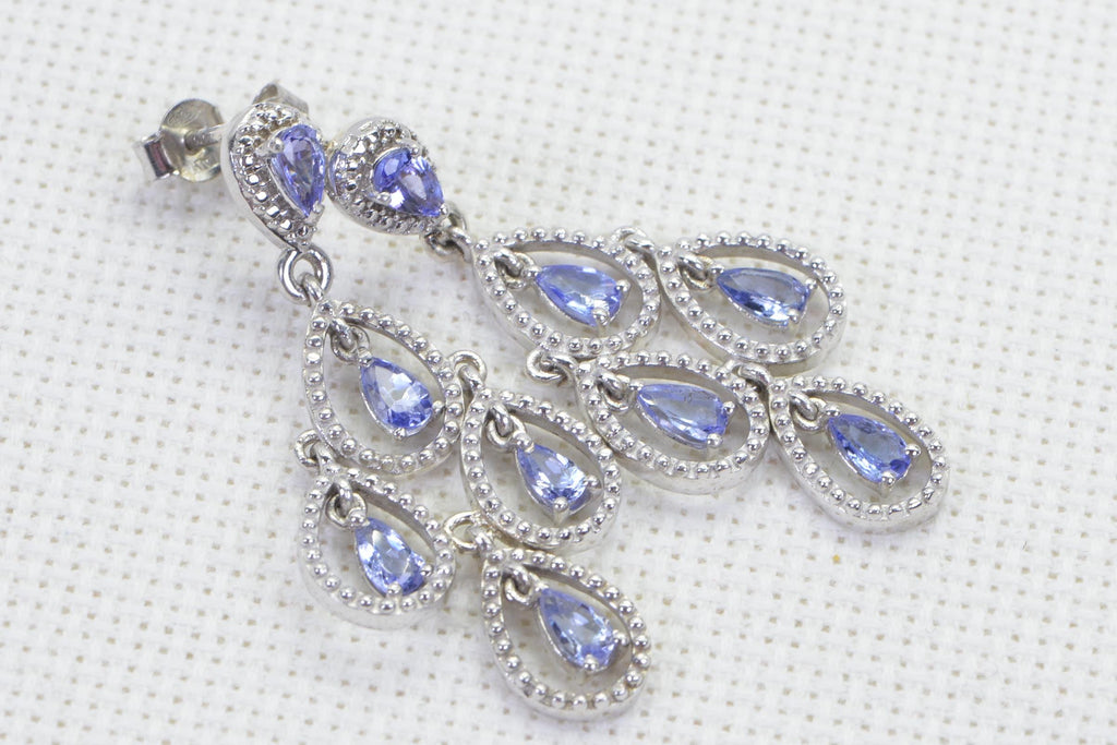 Cluster Tanzanite Dangle Earrings, Sterling Silver Flower Earrings