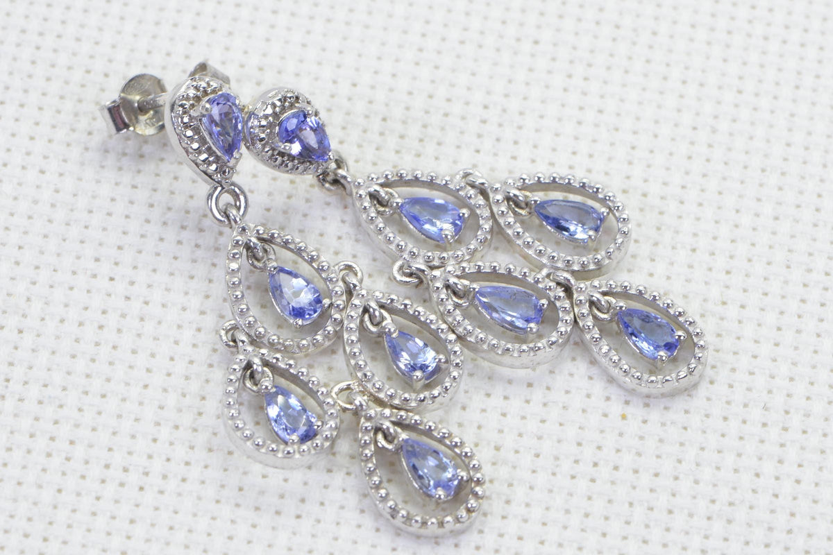 Cluster Tanzanite Dangle Earrings, Sterling Silver Flower Earrings