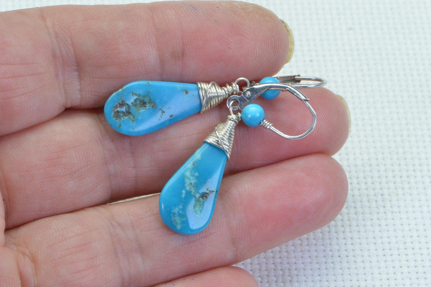 Sleeping Beauty Turquoise Sterling Silver Dangle Earrings: Wire-Wrapped