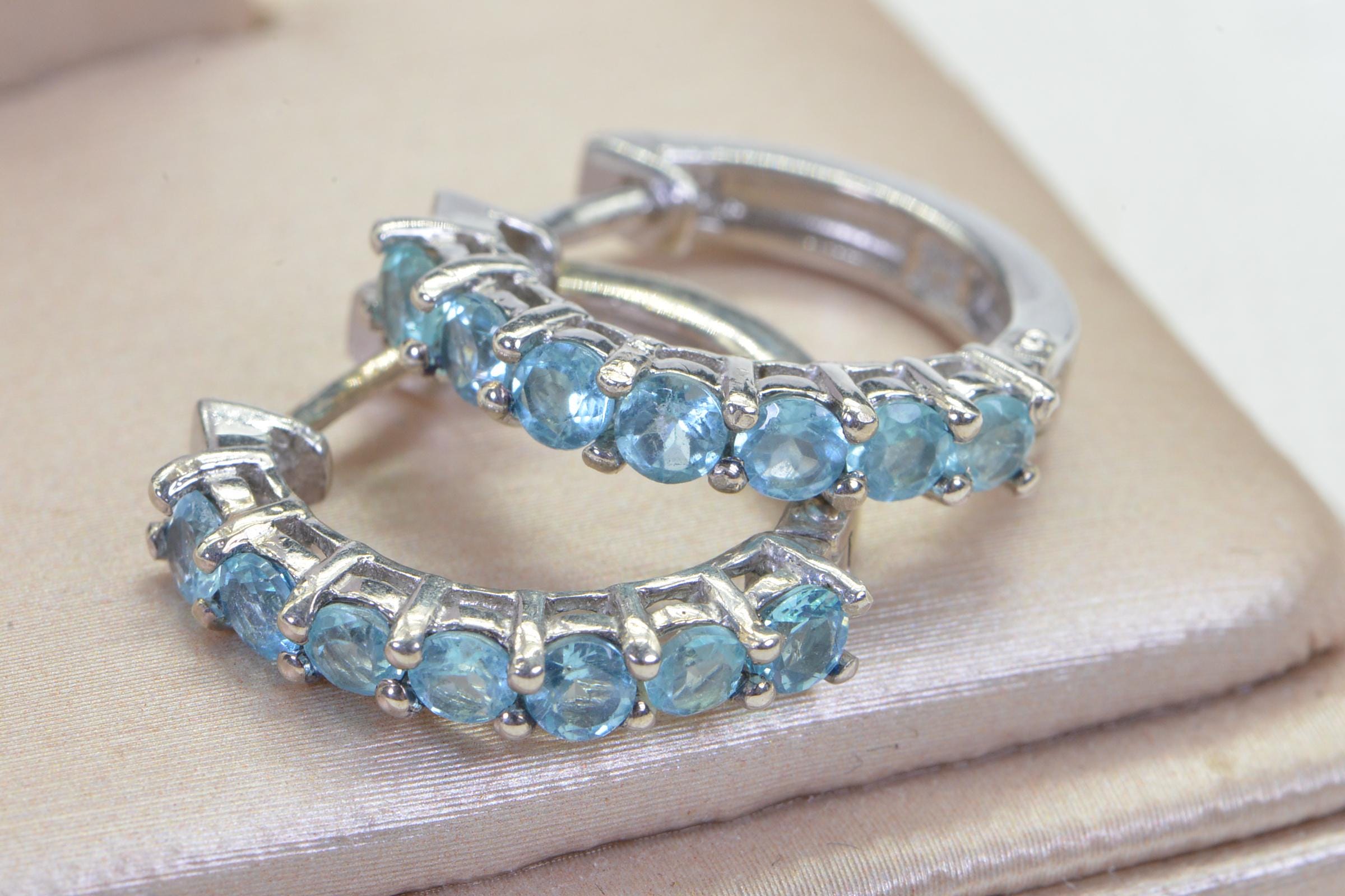 Aquamarine Sterling Silver Hoop Earrings: March Birthstone, 3/4 inch