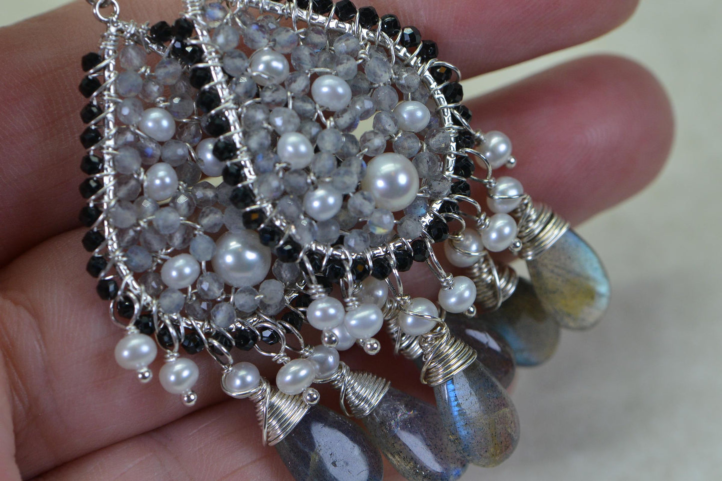 Labradorite and Freshwater Pearl Chandelier Earrings Wire Wrapped Teardrop Earrings