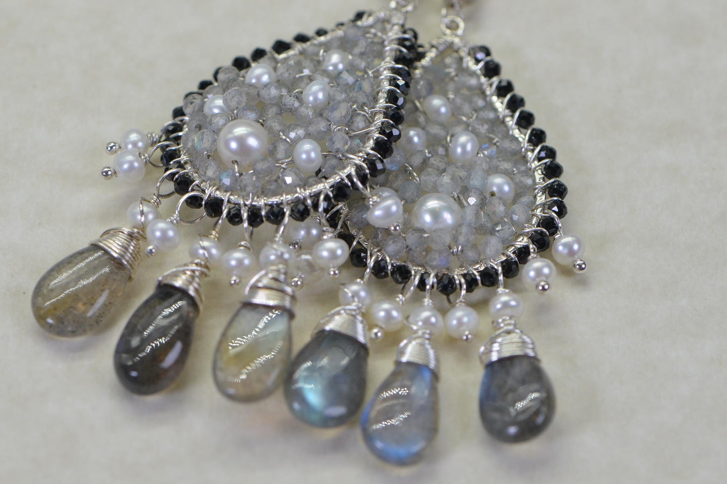 Labradorite and Freshwater Pearl Chandelier Earrings Wire Wrapped Teardrop Earrings