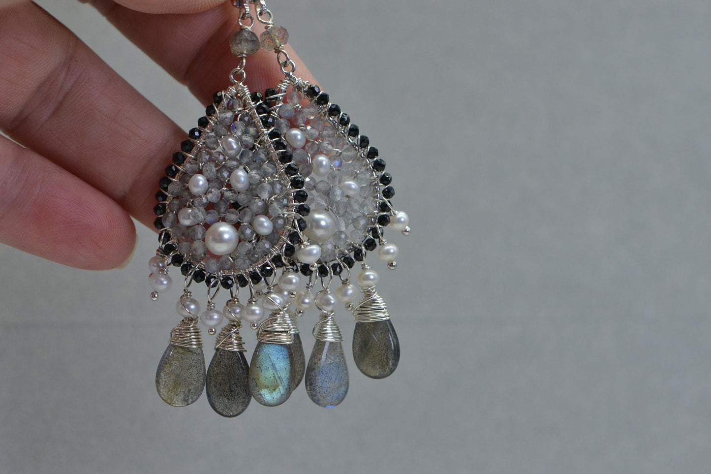 Labradorite and Freshwater Pearl Chandelier Earrings Wire Wrapped Teardrop Earrings