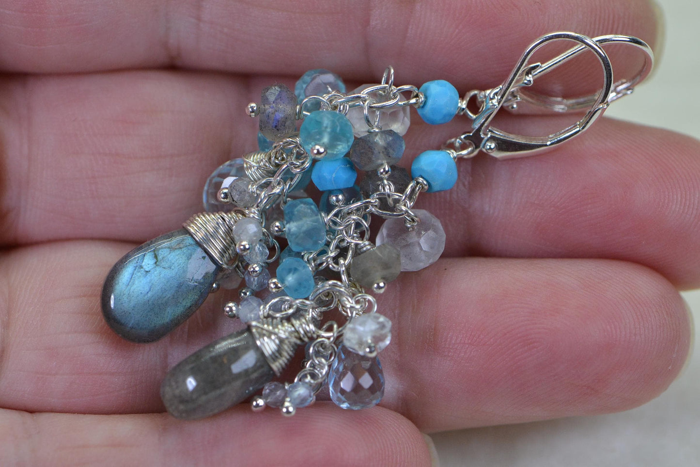 Labradorite Turquoise Aquamarine Cluster Chandelier Earrings Wire Wrapped Teardrop Earrings