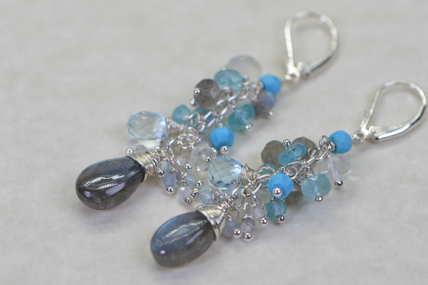 Labradorite Turquoise Aquamarine Cluster Chandelier Earrings Wire Wrapped Teardrop Earrings