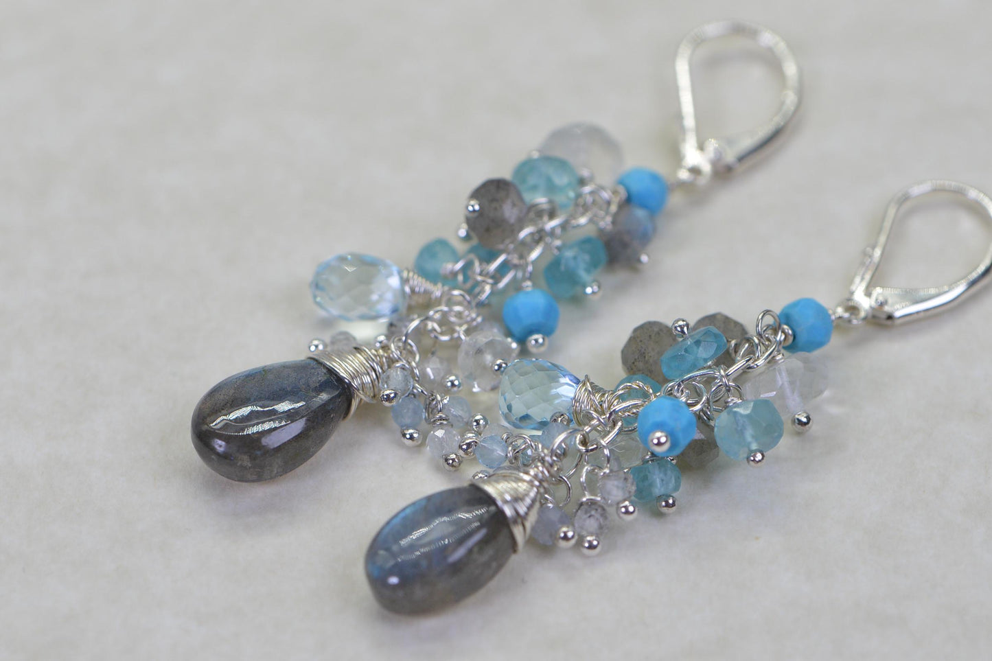 Labradorite Turquoise Aquamarine Cluster Chandelier Earrings Wire Wrapped Teardrop Earrings