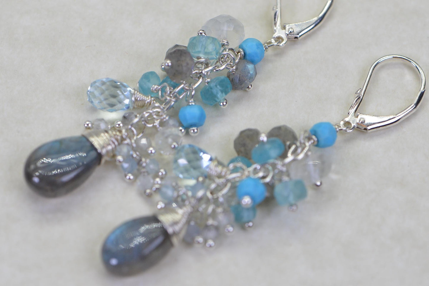 Labradorite Turquoise Aquamarine Cluster Chandelier Earrings Wire Wrapped Teardrop Earrings