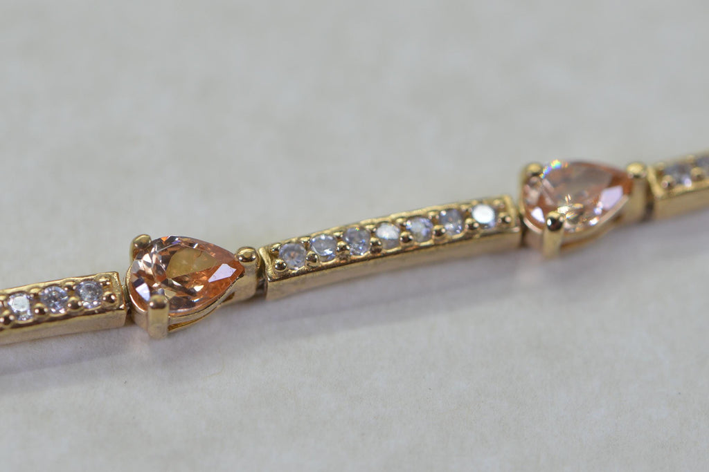14K Gold Vermeil Tennis Bracelet: Peach CZ Teardrop, Sterling Silver