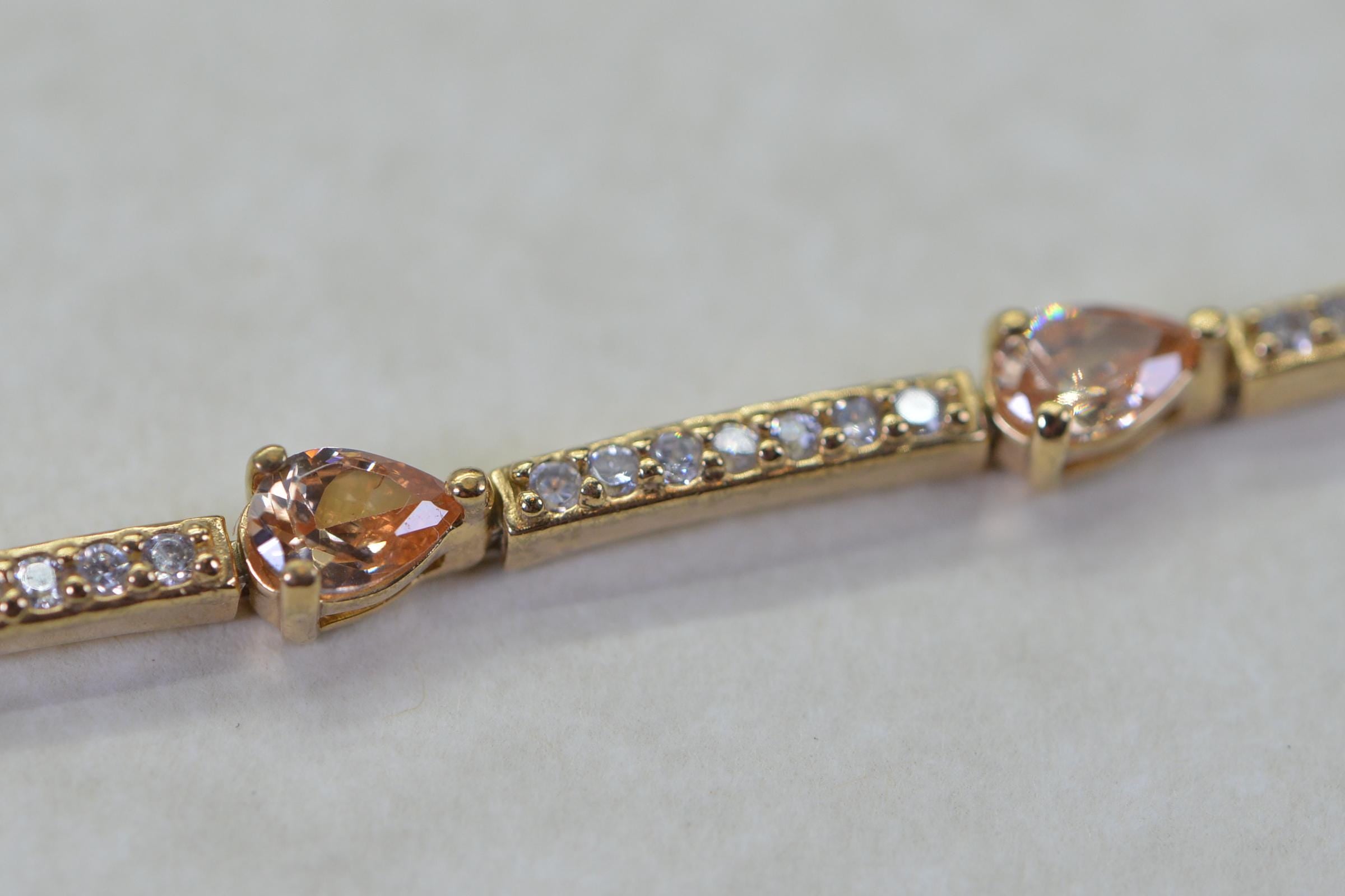 14K Gold Vermeil Tennis Bracelet: Peach CZ Teardrop, Sterling Silver