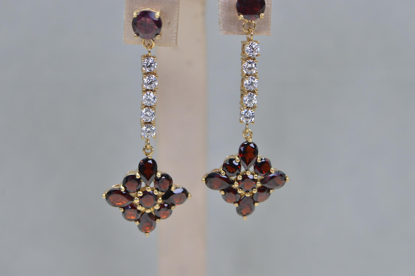 Garnet Cluster Chandelier Earrings, 14K Gold Plated Sterling Silver