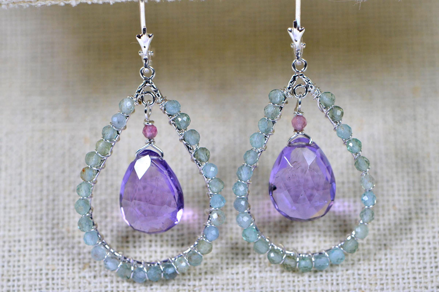 Amethyst and Green Apatite Chandelier Earrings – Sterling Silver Wire Wrapped Long Teardrops