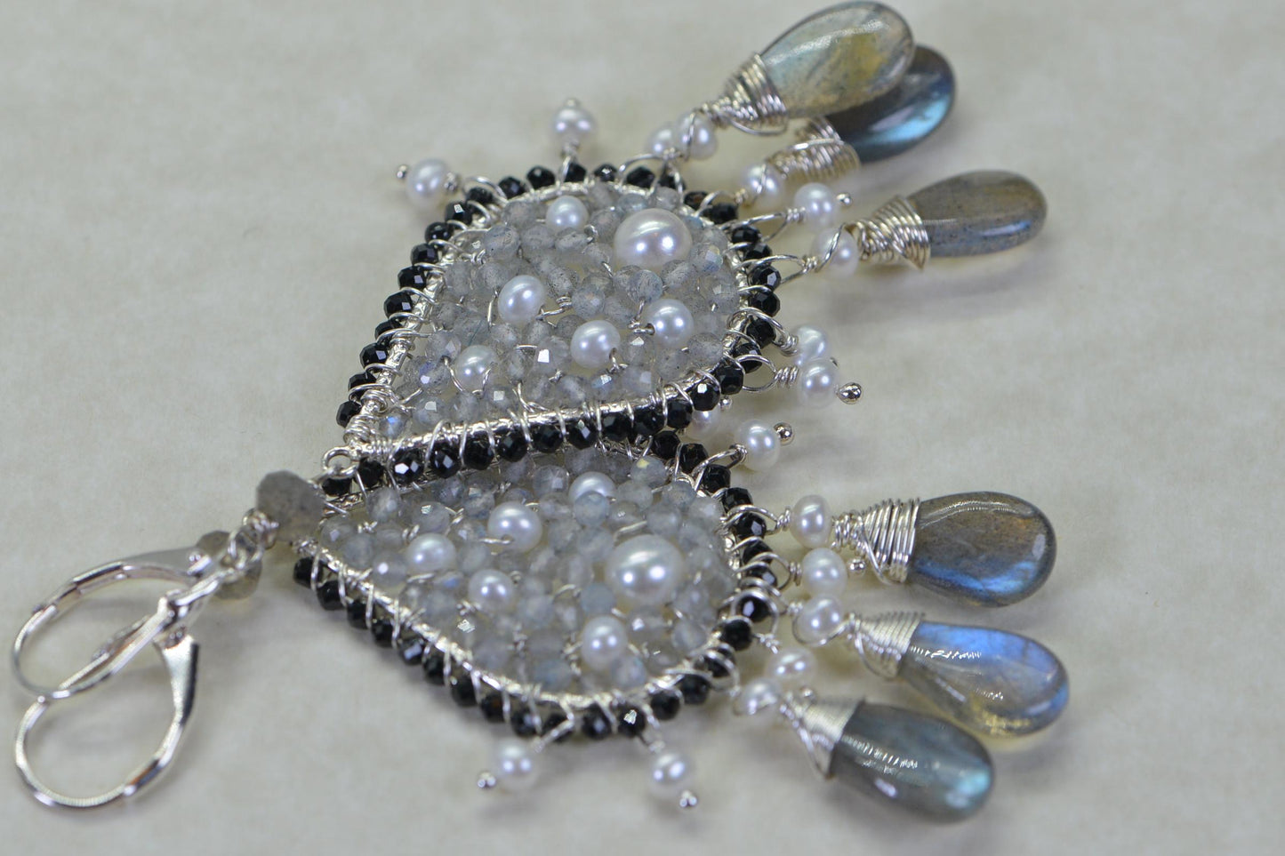 Labradorite and Freshwater Pearl Chandelier Earrings Wire Wrapped Teardrop Earrings