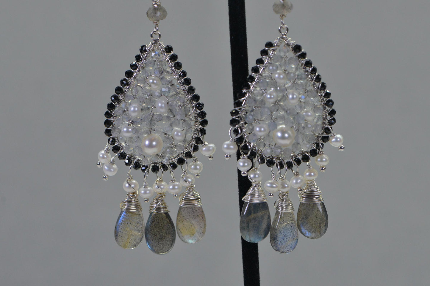 Labradorite and Freshwater Pearl Chandelier Earrings Wire Wrapped Teardrop Earrings