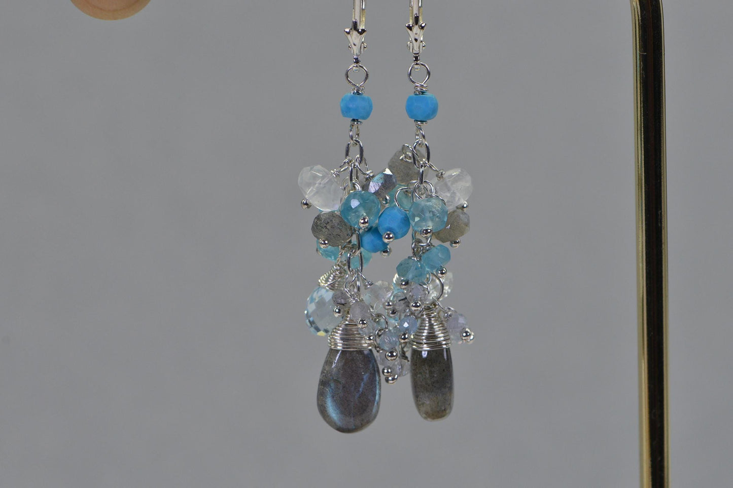 Labradorite Turquoise Aquamarine Cluster Chandelier Earrings Wire Wrapped Teardrop Earrings
