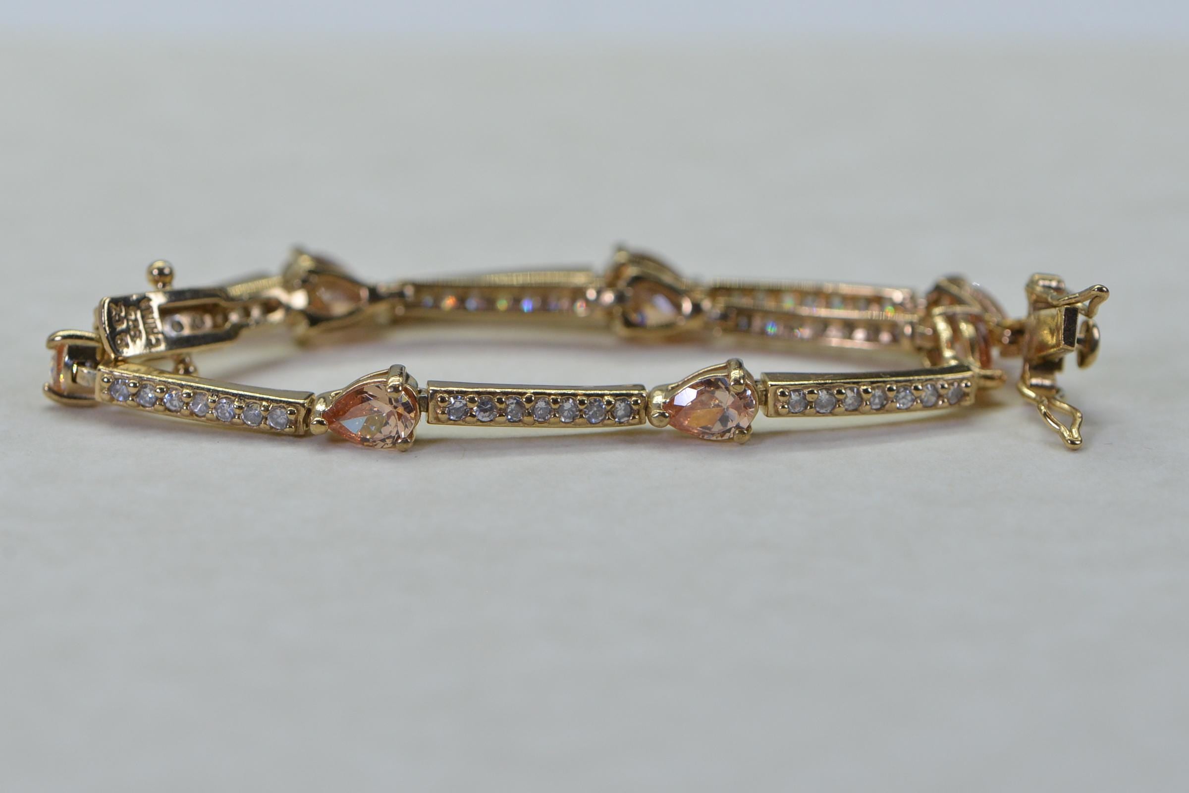 14K Gold Vermeil Tennis Bracelet: Peach CZ Teardrop, Sterling Silver