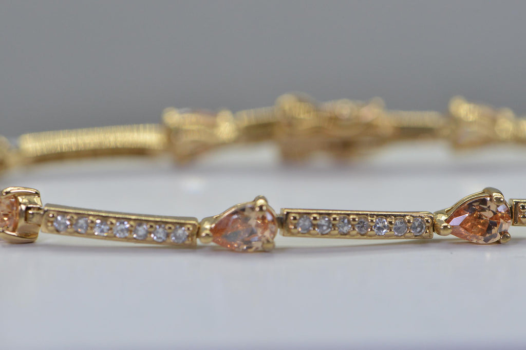 14K Gold Vermeil Tennis Bracelet: Peach CZ Teardrop, Sterling Silver