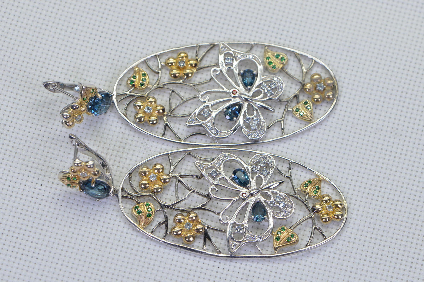 Two-Tone Butterfly Earrings: Blue Topaz & Simulated Diamond Statement