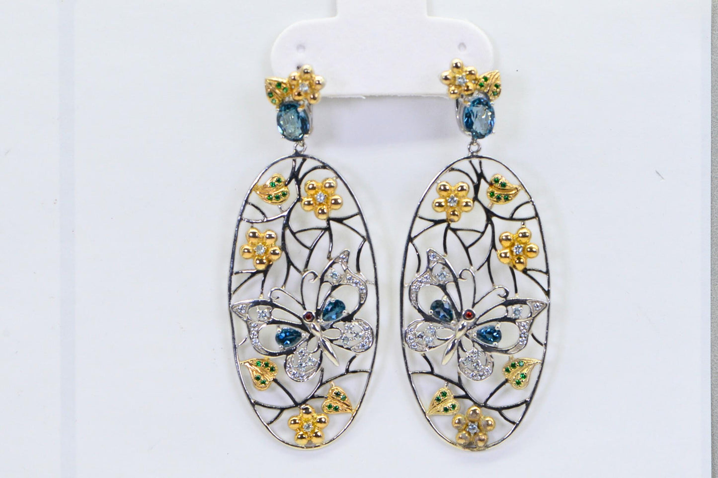 Two-Tone Butterfly Earrings: Blue Topaz & Simulated Diamond Statement