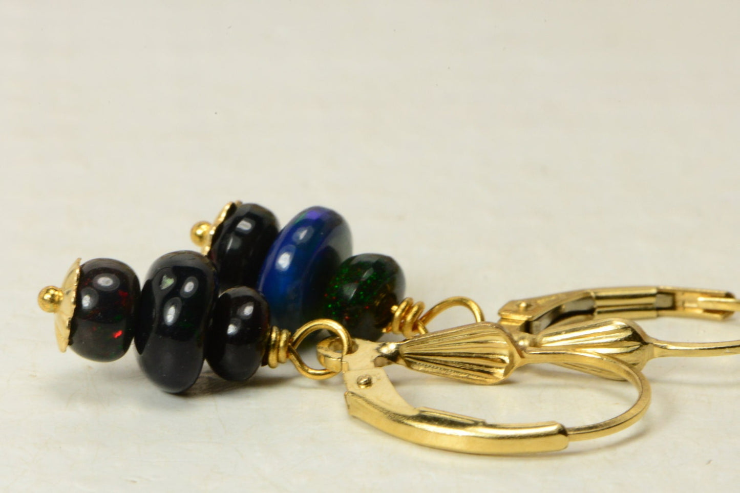 Black Opal Dangle Earrings, 14K Gold Filled Wire
