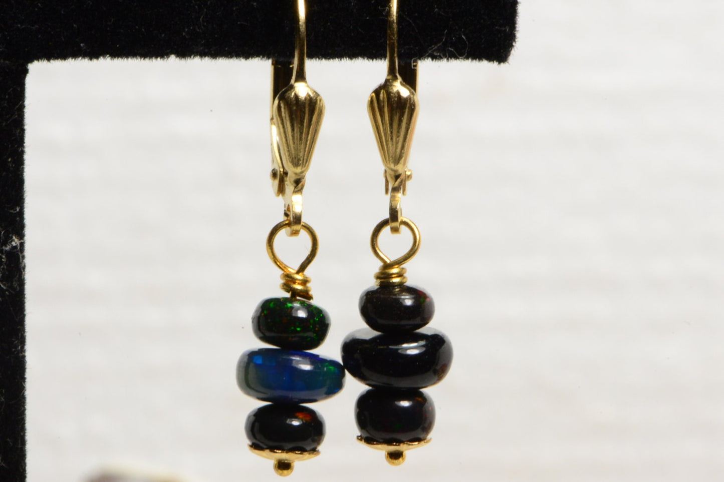 Black Opal Dangle Earrings, 14K Gold Filled Wire