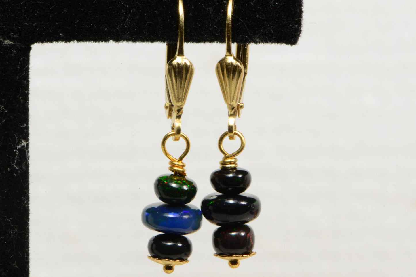 Black Opal Dangle Earrings, 14K Gold Filled Wire