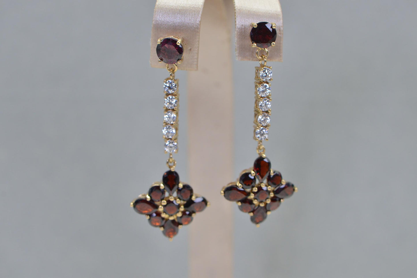 Garnet Cluster Chandelier Earrings, 14K Gold Plated Sterling Silver