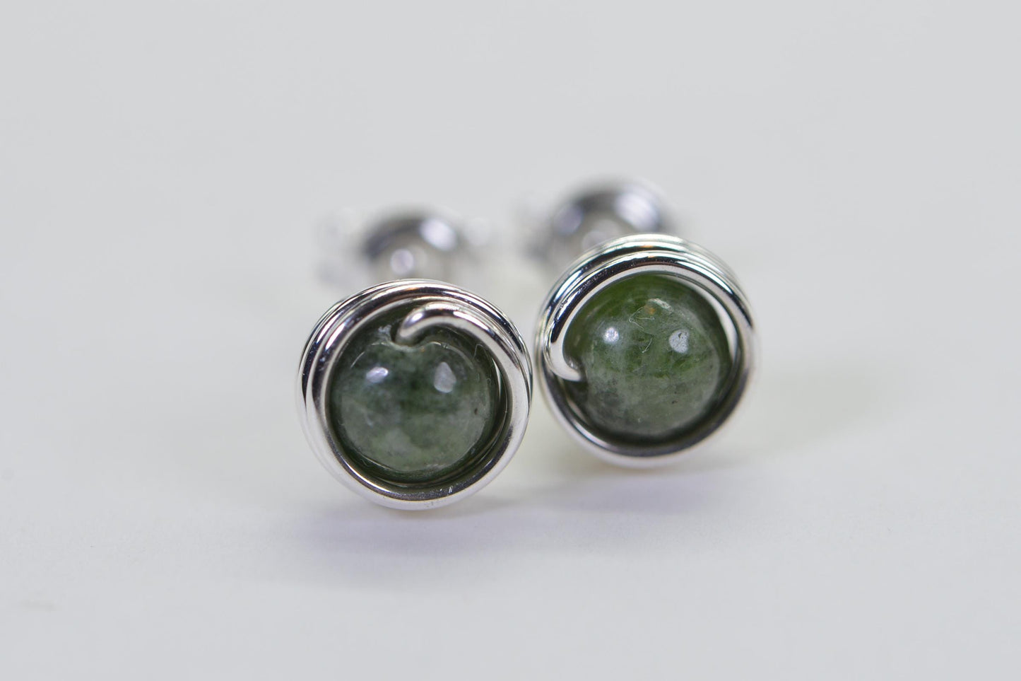 Natural Chrome Diopside Stud Earrings Round Wire Wrapped 14K Gold Tiny Earrings