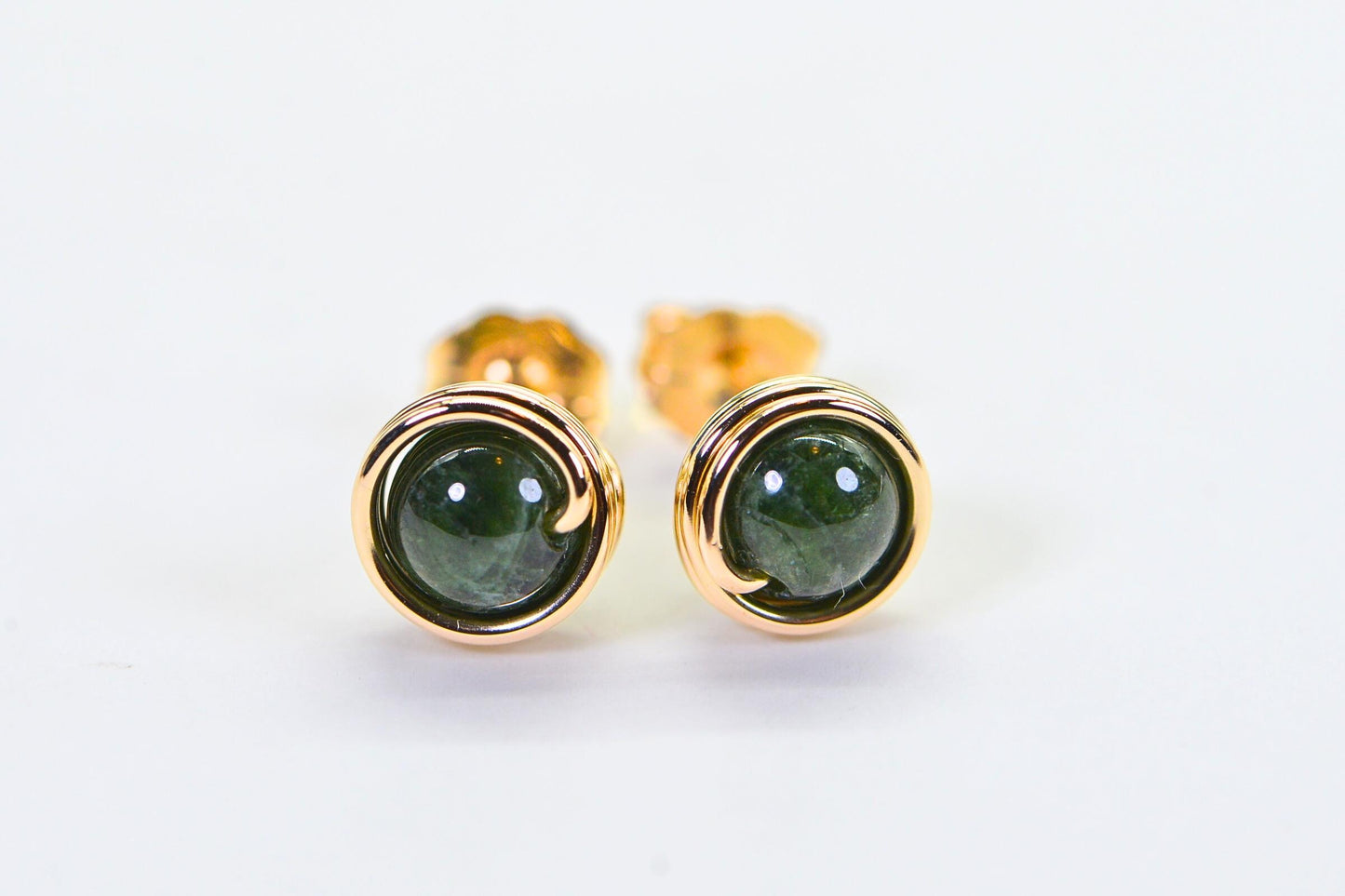 Natural Chrome Diopside Stud Earrings Round Wire Wrapped 14K Gold Tiny Earrings